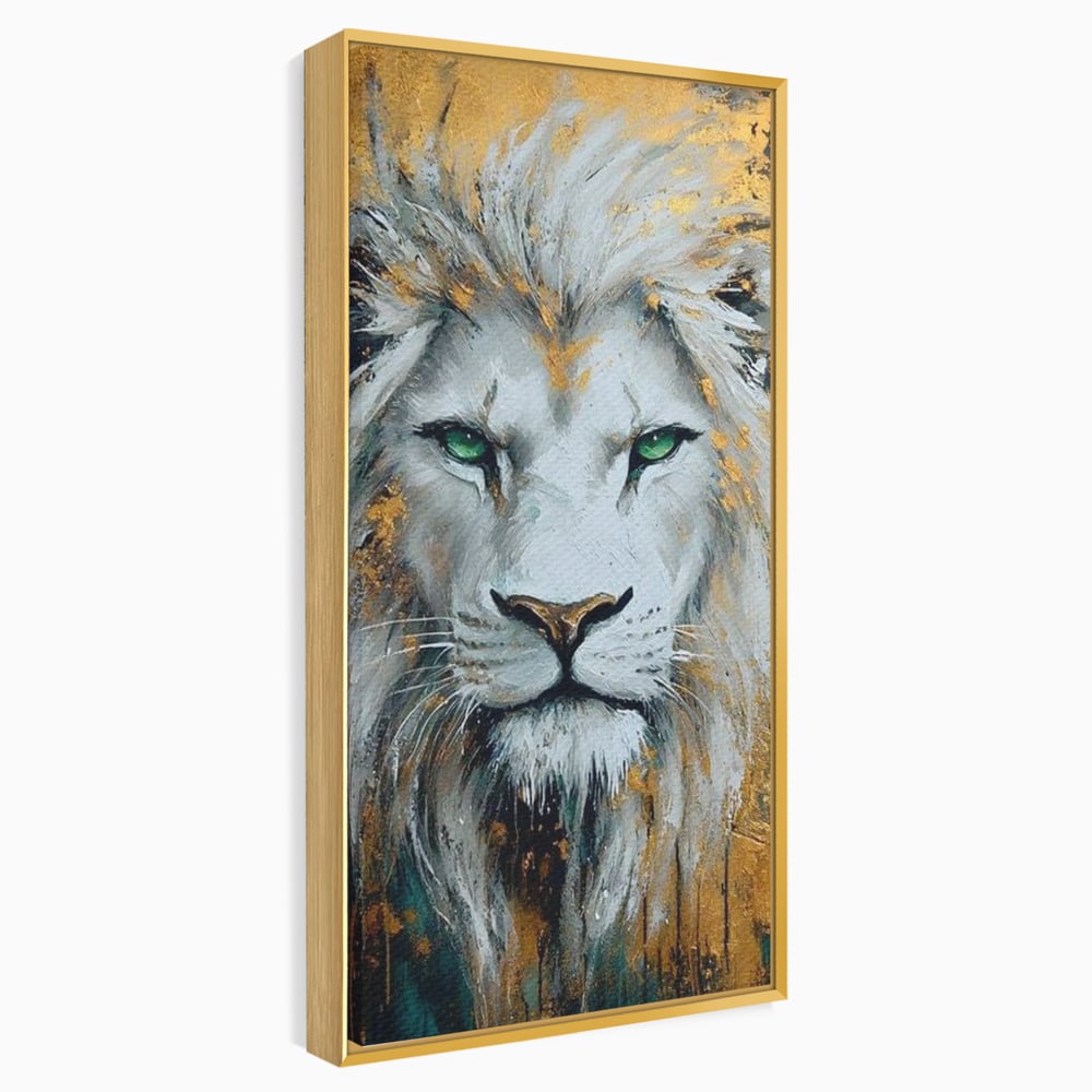 Tablou canvas cu tablou canvas cu leu alb si ochi verzi, in rama de aluminiu auriu